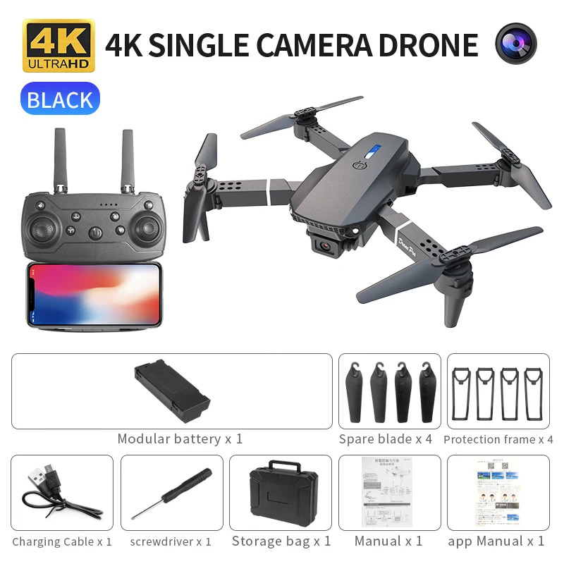 Drone Camera Mount - E88 Proインテリジェント折りたたみドローンは、シングル/デュアルカメラ切り替え、4K画質+広角撮影、WiFiダイレクトリアルタイムをサポートしています。